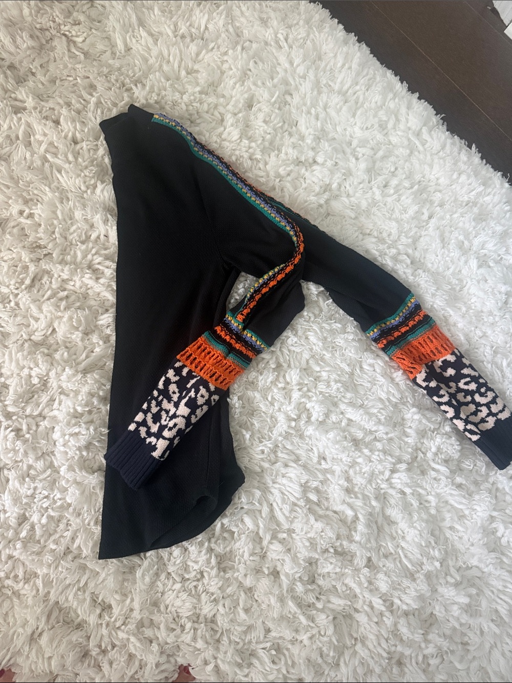 Free People Black Sweater with Orange, Green and Cream Patterned Sleeves